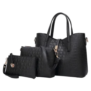 SYGA Pack Of 3 Women Handbag Set,Pu Leather Handbag With Crossbody Bag, Clutch Bag with Crocodile Pattern(BLACK)
